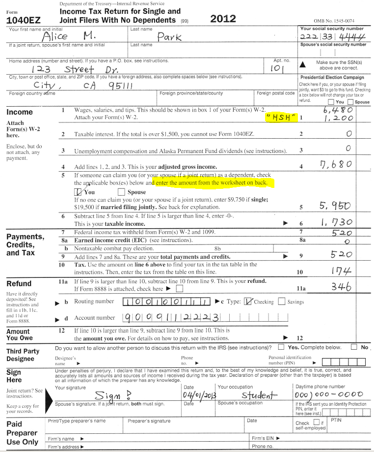 College Student Tax Return 1040EZ Sample